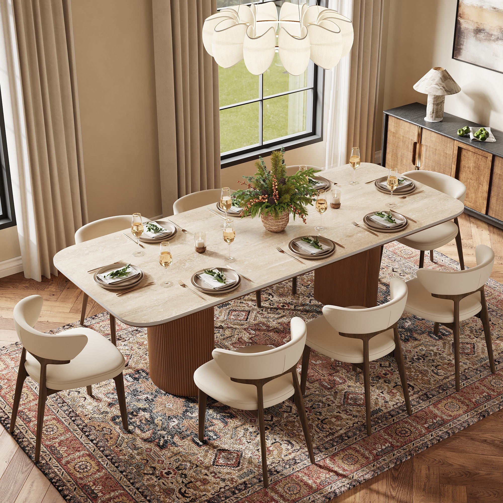 71"&78“ Mid-Century Modern Dining Table, Matte Sintered Stone Top, Seats 8-12, Solid Wood Base