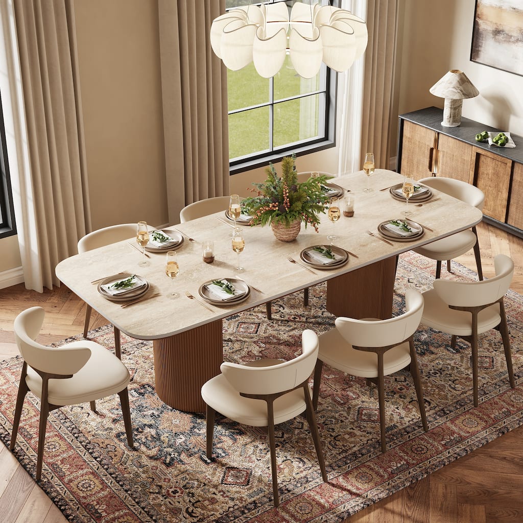 71"&78“ Mid-Century Modern Dining Table, Matte Sintered Stone Top, Seats 8-12, Solid Wood Base