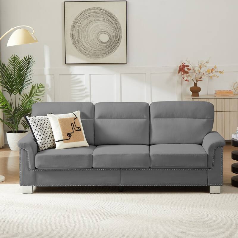 84.2" Modern Snowfleece Fabric 3-Seater Sofa with Nailhead Trim - Grey