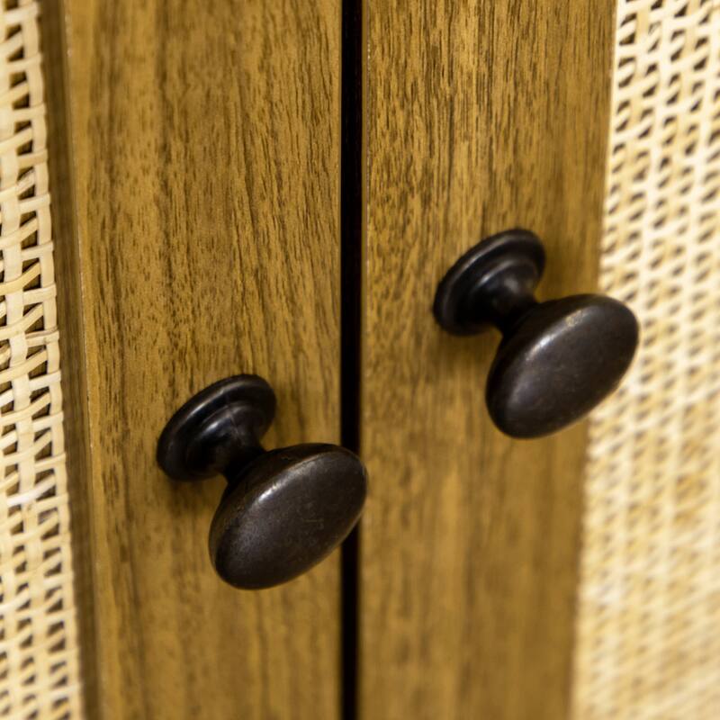 Multi Functional,Bookcase with Cabinet and Open Shelves,Tall Bookshelf,Wooden Bookshelf Features Handcrafted Rattan Door