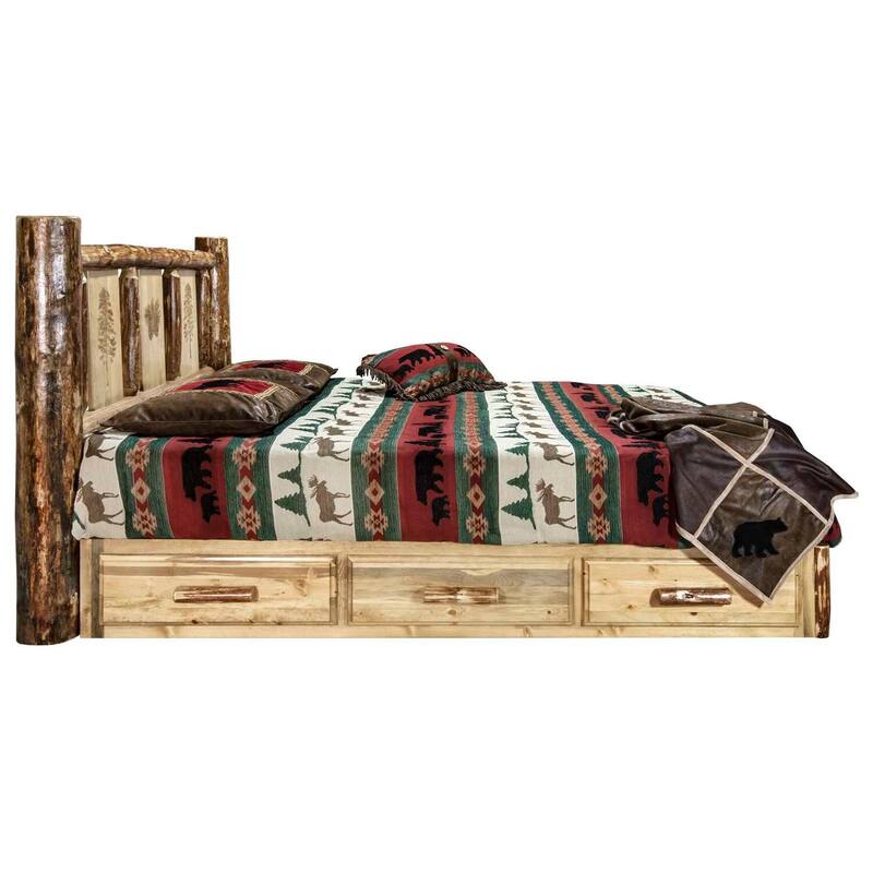 Rustic Platform Bed with Storage - Laser Engraved Pine Tree Design - Wood Bed Frame - 83" x 60" - 550lb Capacity
