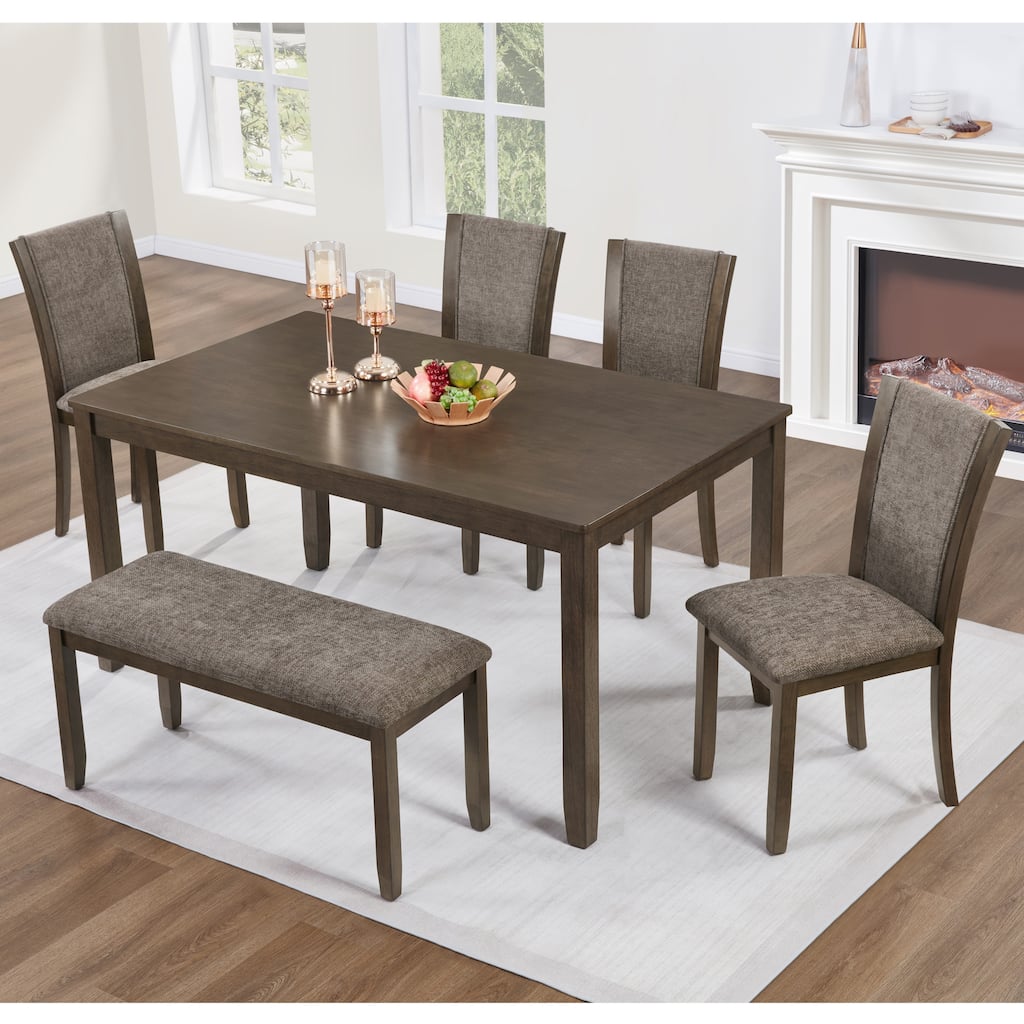 6 Piece Dining Table Set with Bench, Wooden Kitchen Table & 4 Upholstered Chairs, Modern Dining Room Furniture for Family Meals
