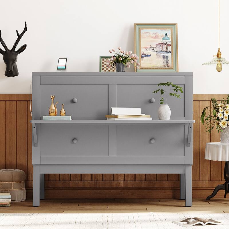 Full Size Murphy Bed Cabinet Bed with USB Port and Removable Shelves on Each Side, Two Movable Desks