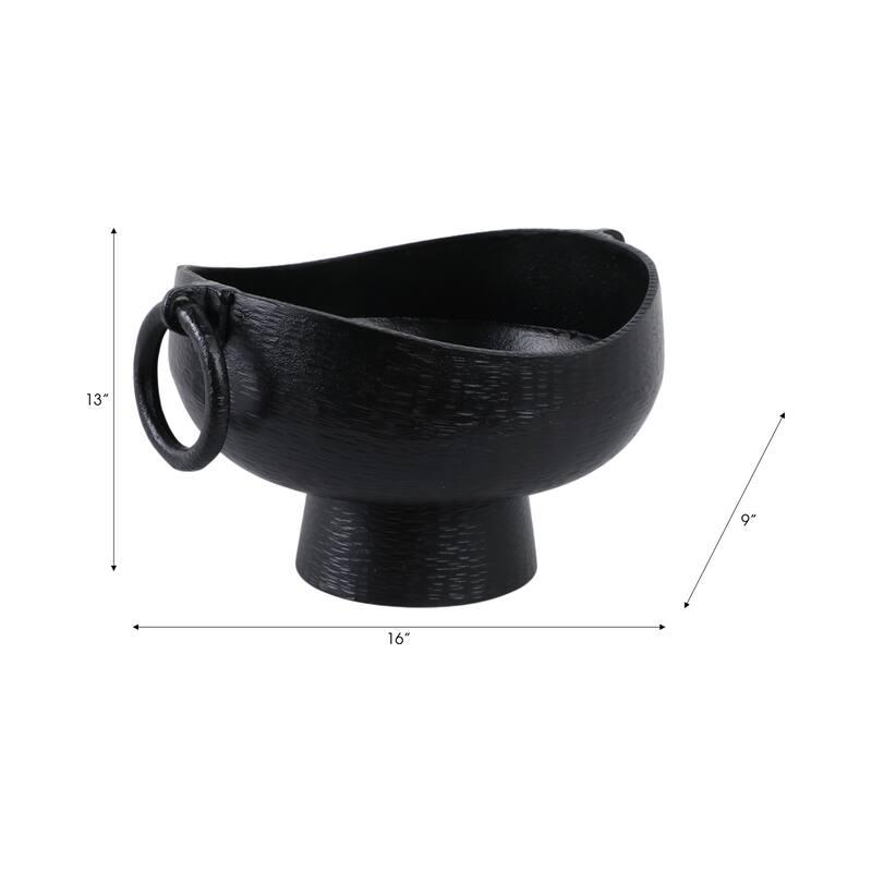 Sculptural Round Textured Decorative Bowl with Ring Handles - 9" Black - 16.0"