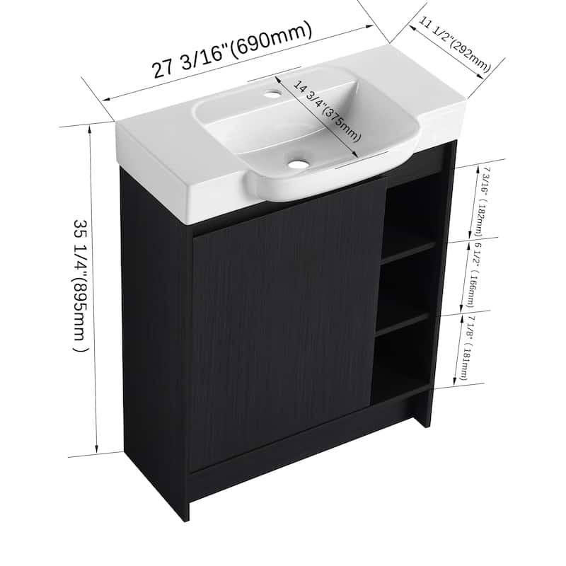 28 Inch Freestanding Bathroom Vanity Cabinet with Ceramic Sink,1 Soft Close Door and 3 Shelves