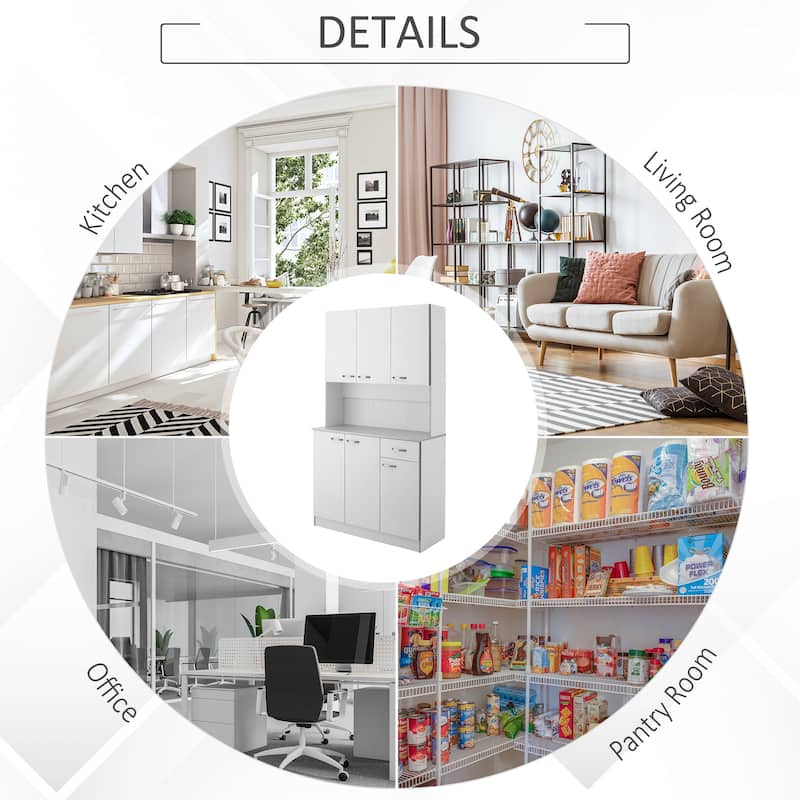 HOMCOM 71" Freestanding Kitchen Buffet Hutch Cupboard with 6 Doors, 3 Adjustable Shelves, and 1 Drawer, White