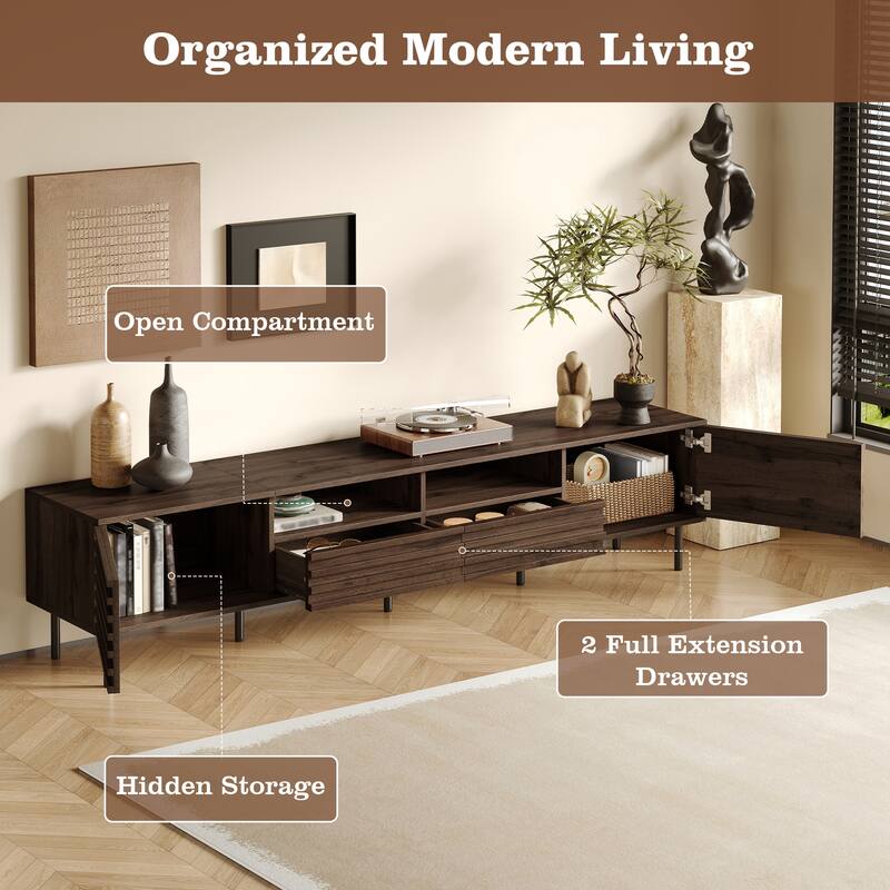 Modern TV Stand for 85 Inch TVs Slatted Doors MDF Iron Legs