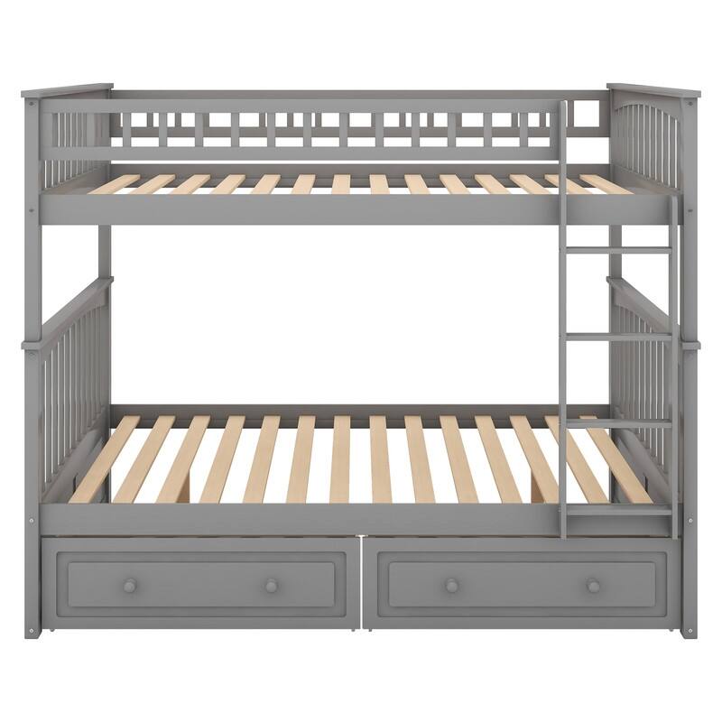 Full over Full Wooden Bunk Bed with Drawers, Convertible Beds