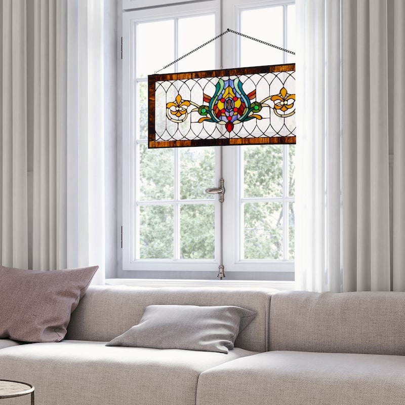 River of Goods Fleur De Lis Stained Glass Pub Window Panel - 30"L x 0.25"W x 14"H