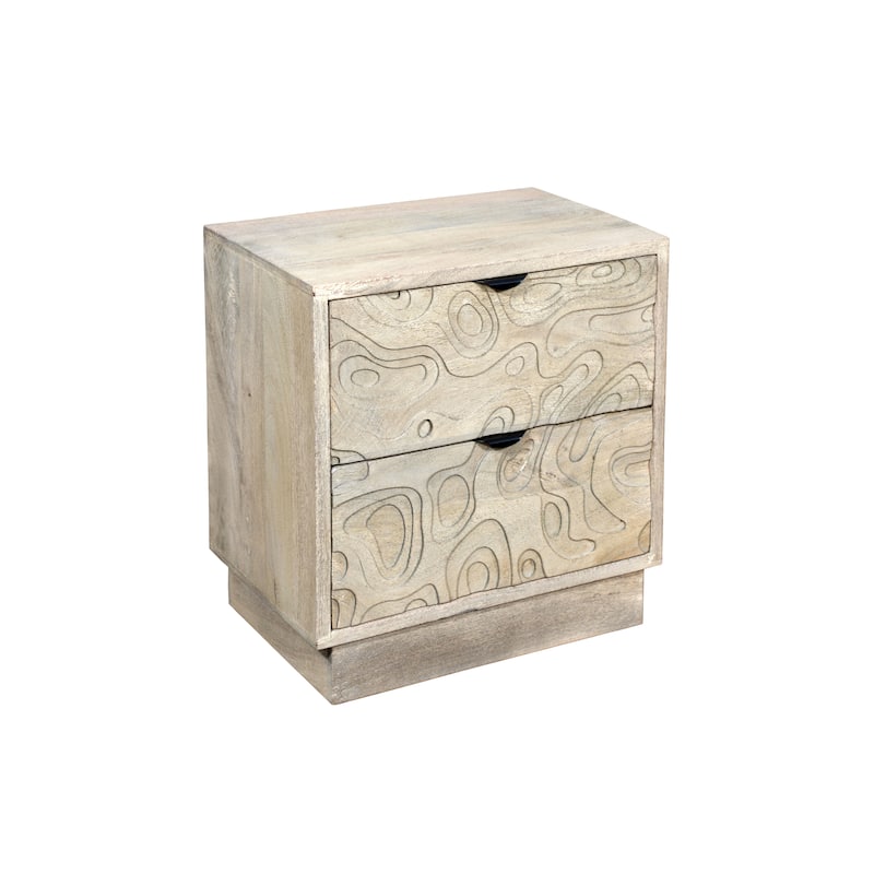 Modern Solid Wood Carved Nightstand with 2 Drawers - Grey