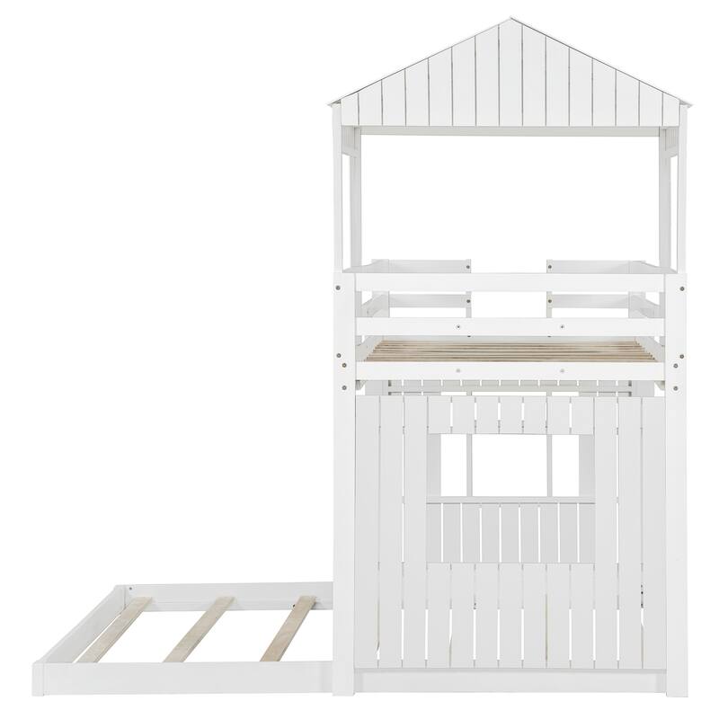 Play House Loft Bed with Floor Bed, Wooden Twin Over Full Bunk Bed with Roof, Windows, Ladder and Safety Guardrails