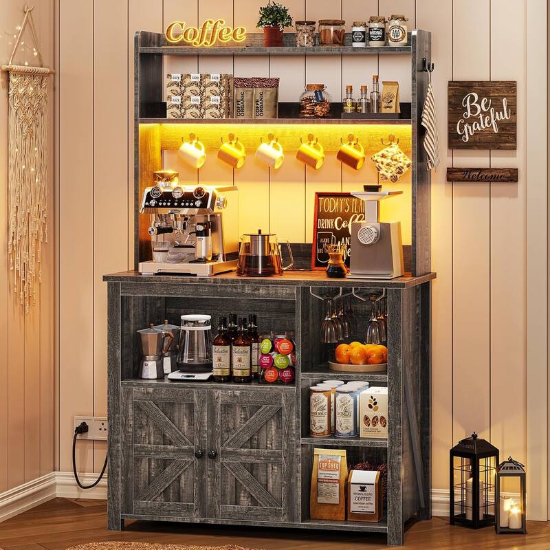 Baker's Rack Coffee Bar Cabinet Microwave Stand Kitchen Cabinet - Grey