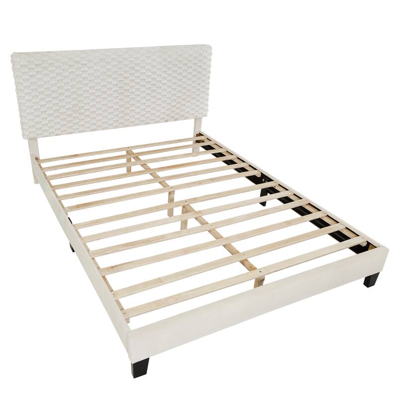 Plush 3D Upholstered Platform Bed in White Dove, Queen