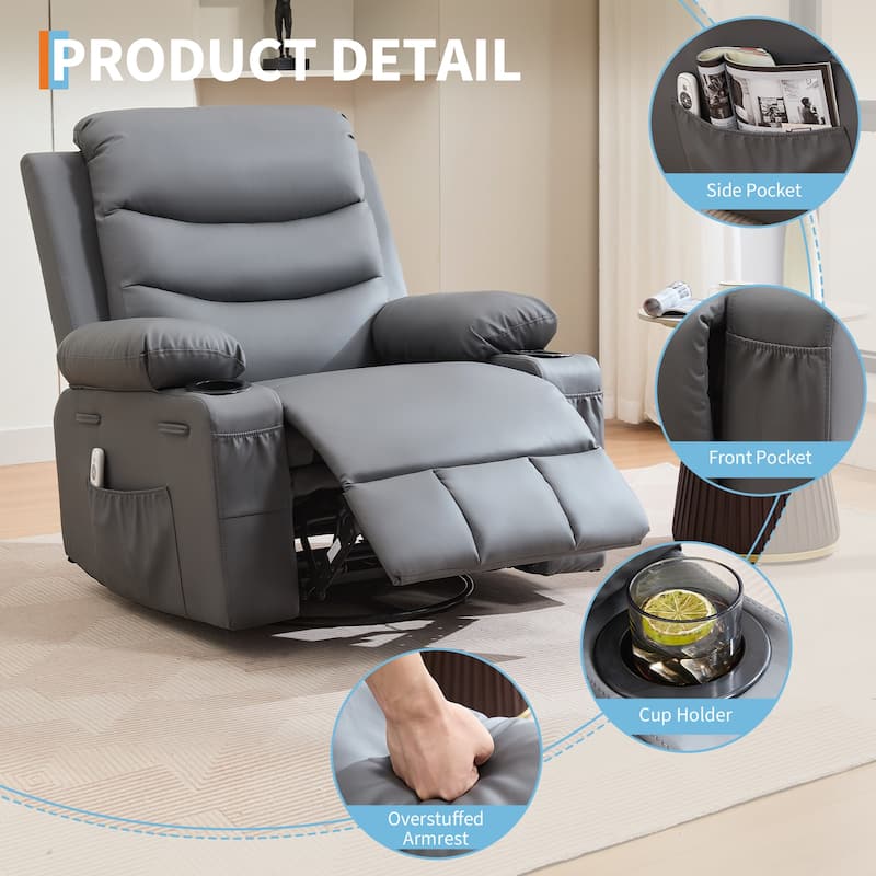 Swivel Rocker Recliner Chair with Massage and Heat, Oversized Reclining Sofa