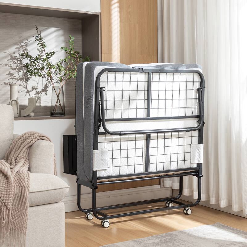 Folding Bed with Mattress, SPortable Foldable Bed with Storage Cover, SRollaway Bed with Memory Foam Mattress and Metal Frame