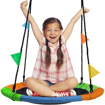 Saucer Tree Swing in Multi-Color Rainbow – Kids Indoor/Outdoor Round Mat Swing – Accessories Included (Round – 24”)