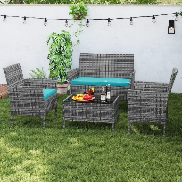 4 Piece Outdoor Rattan Patio Set with Cushions and Glass Table - 39.5" x 22.5" x 32"