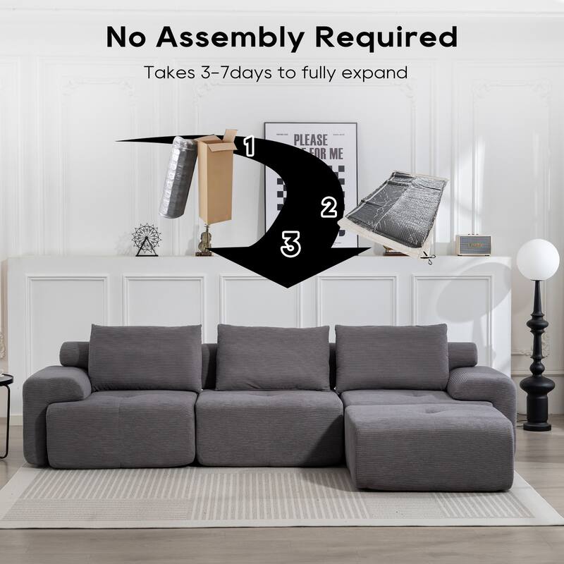 L-Shaped Convertible Sectional Sofa Bed with Memory Foam & Steel Frame, Corduroy Fabric, Grey
