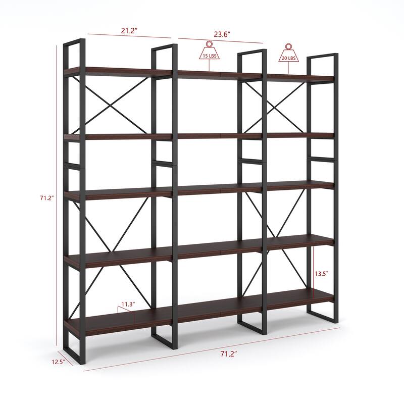 Lotus Home 5-tier Large Size Dark Walnut Color Bookcase - 71.2" H x 71.2" W x 12.5" D