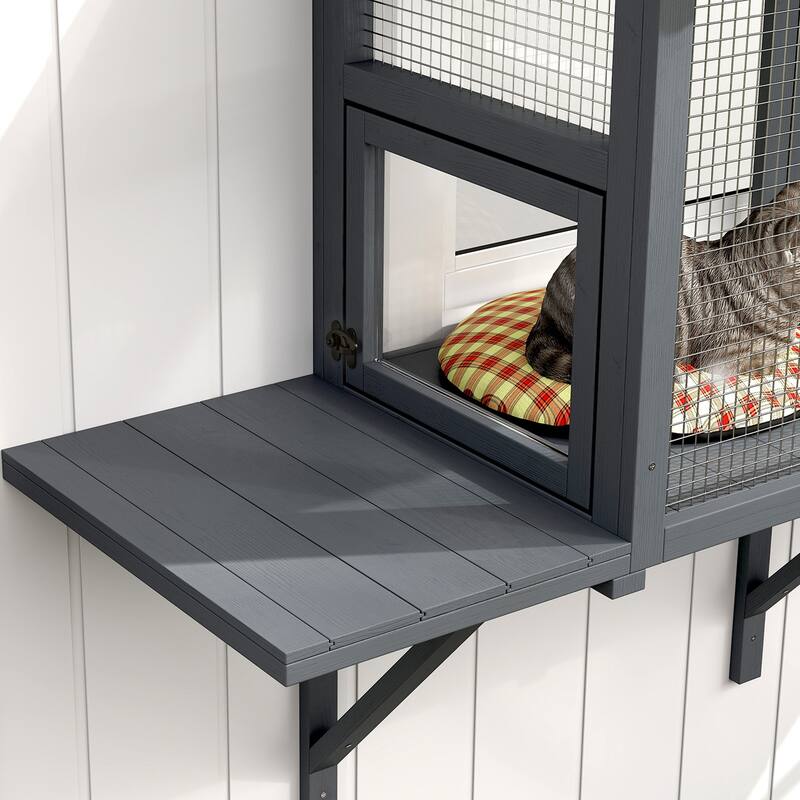 Grey Fir Wood Cat Enclosure with PVC, Steel Mesh and Jumping Platform