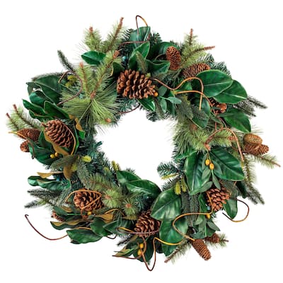 30 in. Holiday Wreath with Lights - Magnolia Leaf - Green