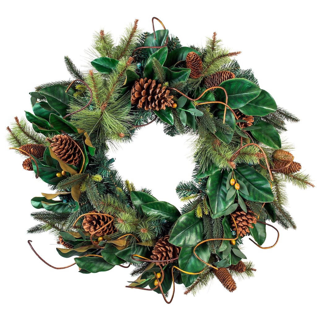 30 in. Holiday Wreath with Lights - Magnolia Leaf - Green