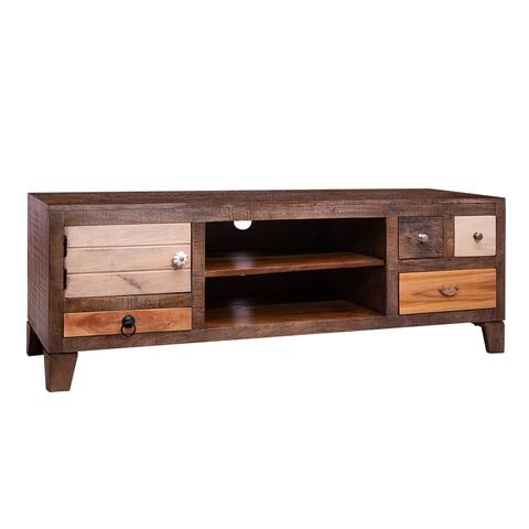 57 Inch 4 Drawer Media Console Cabinet with 1 Door and 2 Open Compartments, Brown