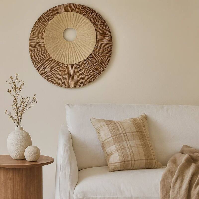 Round and Ribbed Double Layer Sandstone Wall Art, Set of 2, Large, Brown and Beige