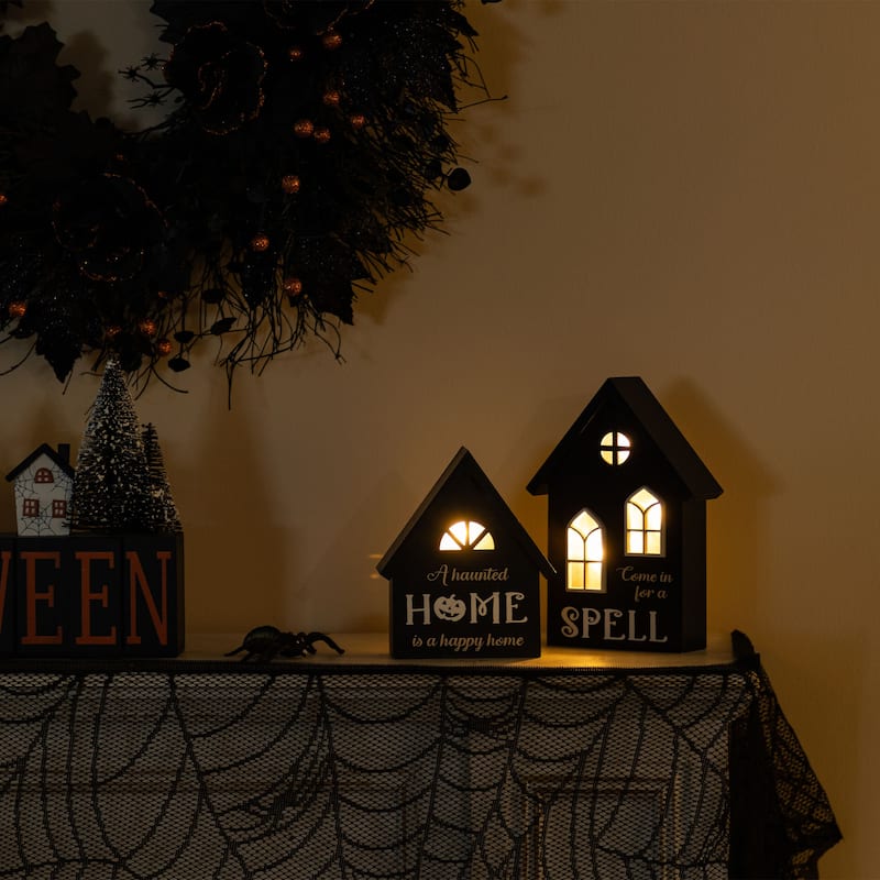 Glitzhome 8"H Set of 2 Lighted Halloween Wooden Hauted House Table Decor