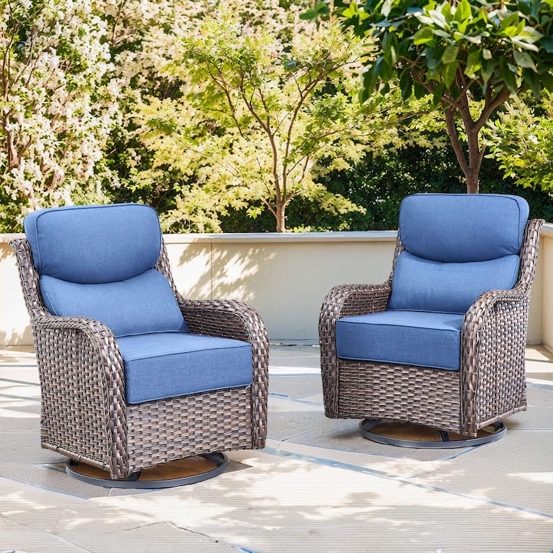 Outdoor Patio Sofa Swivel Chair with 6-Inch Thick Cushions Set - Brwon Wicker Blue Cushion - 2PCS Swivel Chair