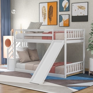 Rustic Style Twin over Twin Low Bunk Bed with Convertible Slide,Staircase with Storage Shelf,Sturdy Wood Bed