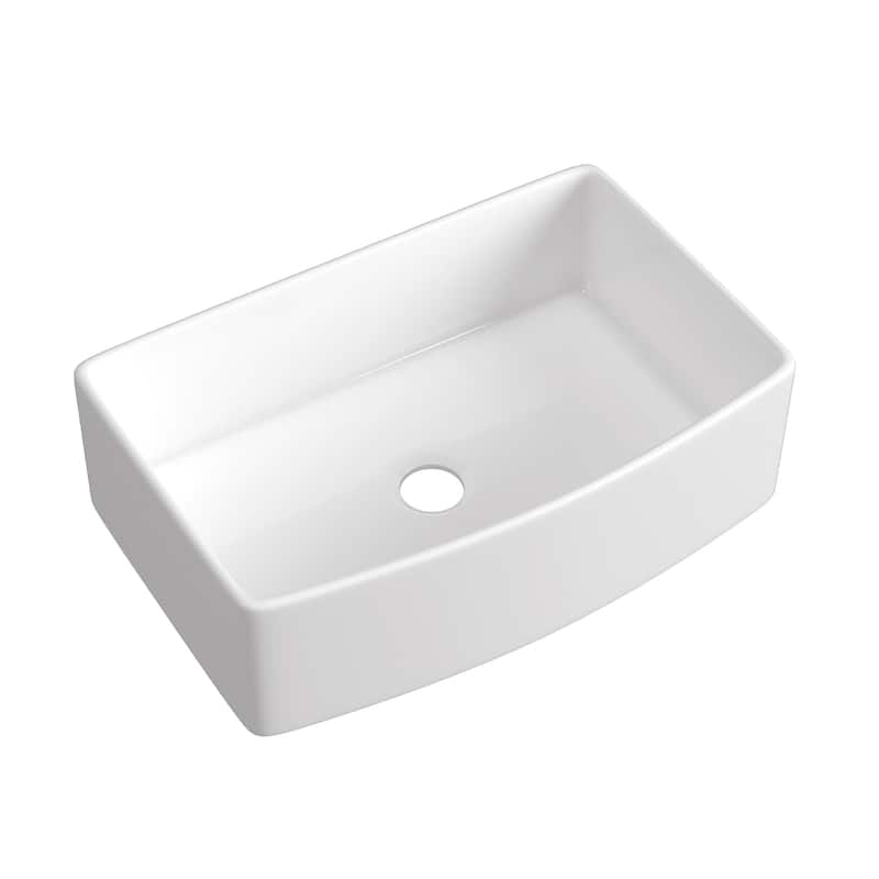 Premium White Fireclay Curved Apron Front Kitchen Sink for Home, Farmhouse (Grid & Strainer Included)