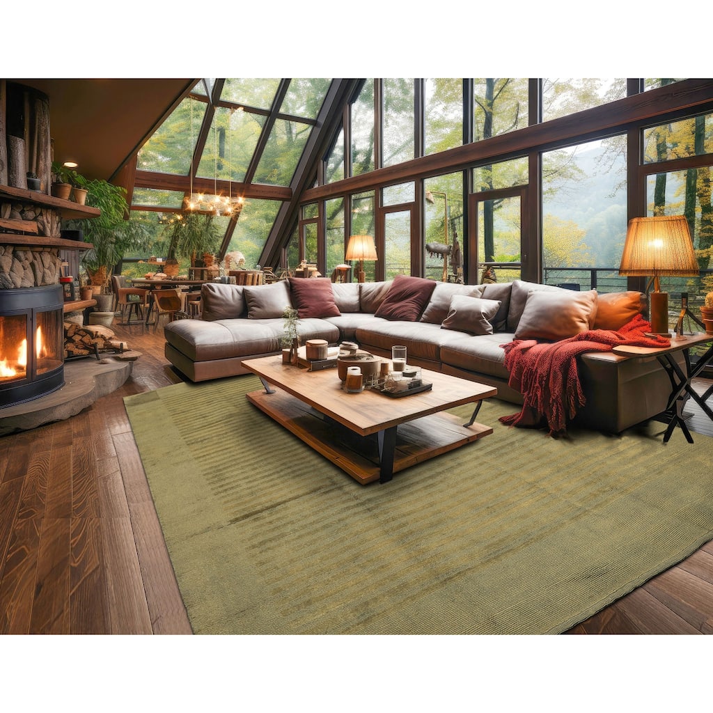 8'5''x11'10'' Hand Knotted Wool Olive Tibetan Modern & Contemporary Ribbed Rug - 8' 5'' x 11' 10''