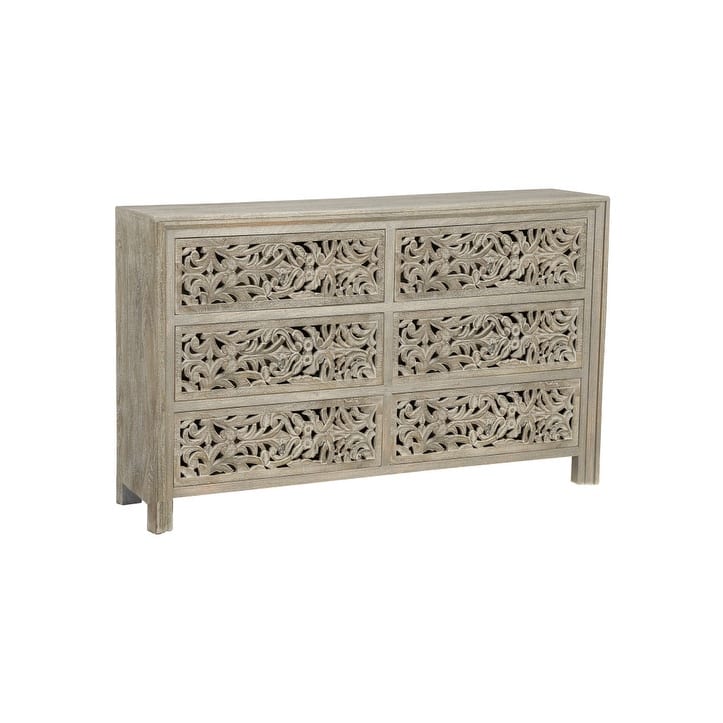 HomeRoots 57" Gray Carved Scrollwork Solid Wood Six Drawer Dresser