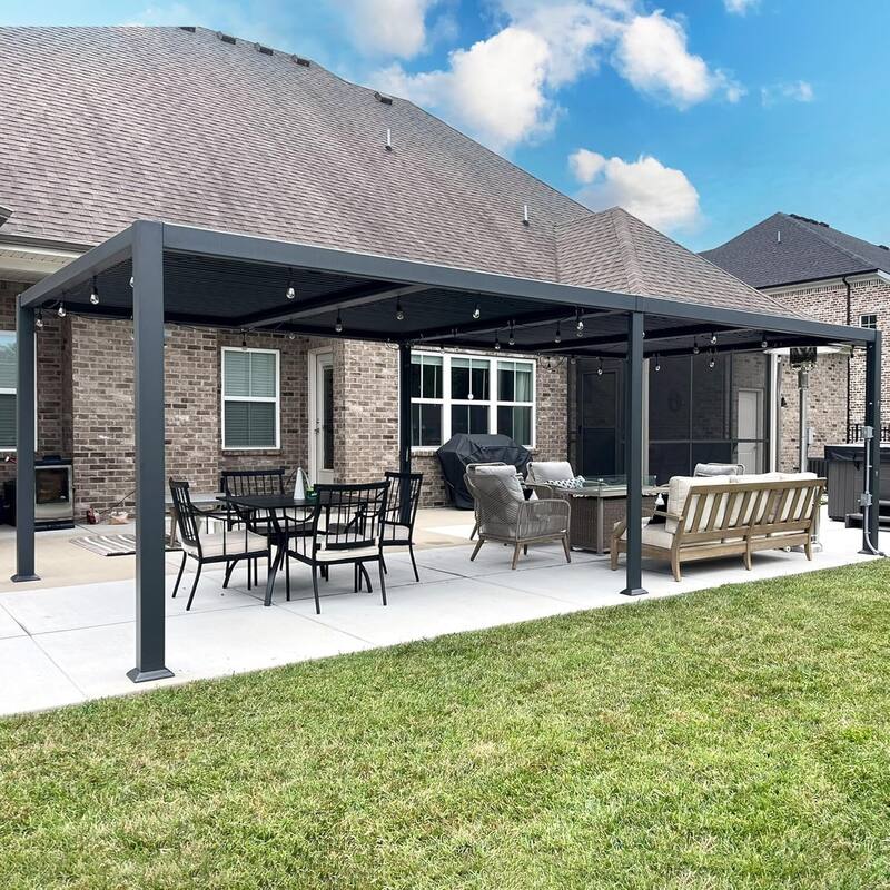 PURPLE LEAF Sun Shade Louvered Pergola with Light - Adjustable Metal Roof for Outdoor Patio