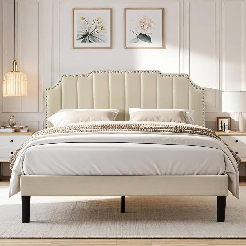 VECELO Upholstered Bed Frame with Nailhead Trim Adjustable Height Headboard, Twin/Full/Queen Size Bedframes - Beige - Full