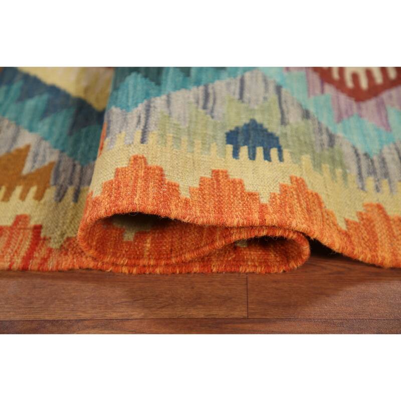 Hand Woven Oriental 100% Wool Carpet Southwestern Geometric Multi-Colored Kilim Runner Rug - 12' 6'' X 2' 7''