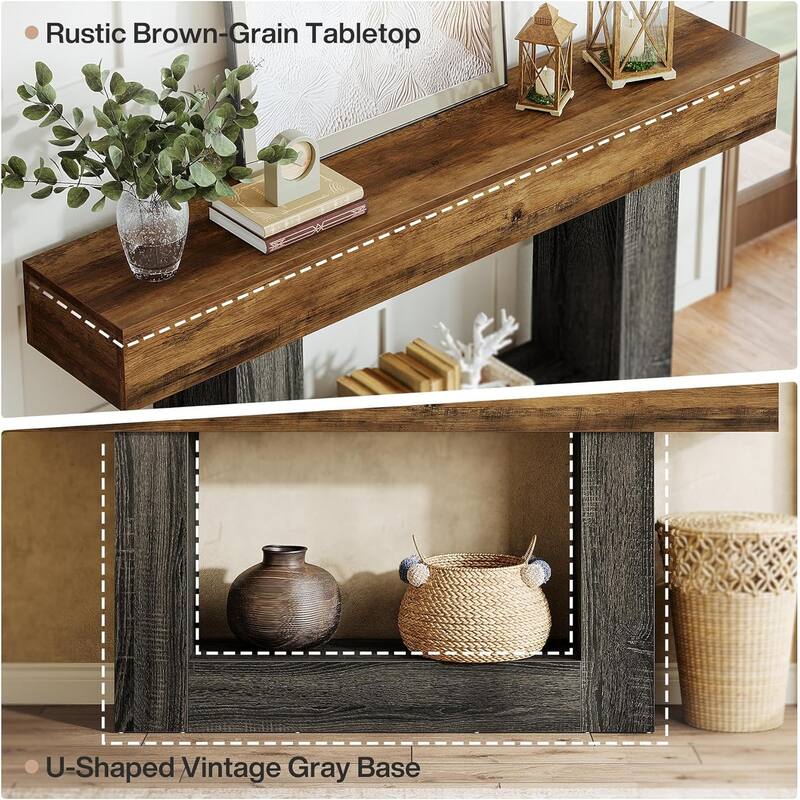 63 Inches Brown/ Gray Wood Entryway Table, Farmhouse Console Table for Entryway