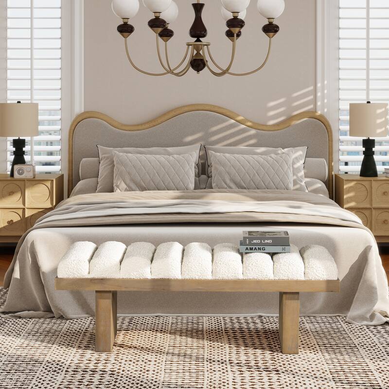 52" Upholstered Modern Accent Bench,Ivory White Boucle - Ivory White