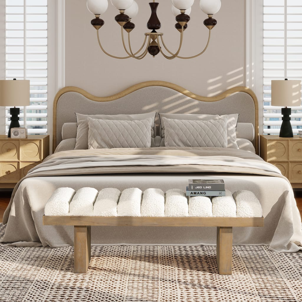 52" Upholstered Modern Accent Bench,Ivory White Boucle