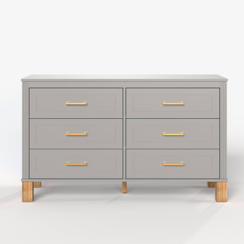 Wooden Double Dresser Dressing Table, Chest of 6 Drawers for Bedroom Living Room Entryway