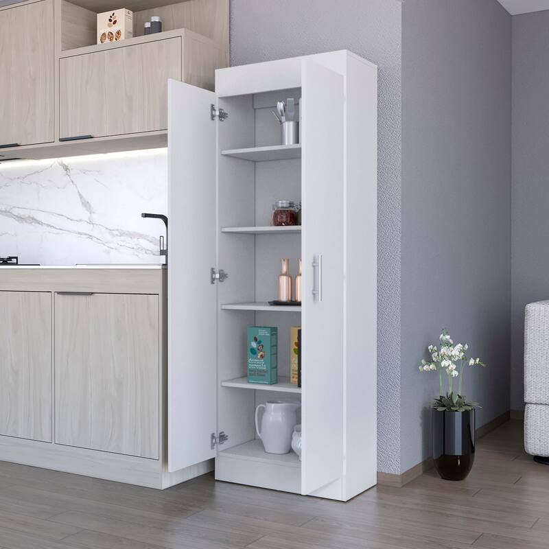 5-Shelf Tall Pantry Storage Cabinet, 66.8" with Chic Handles for Kitchen Organization - White