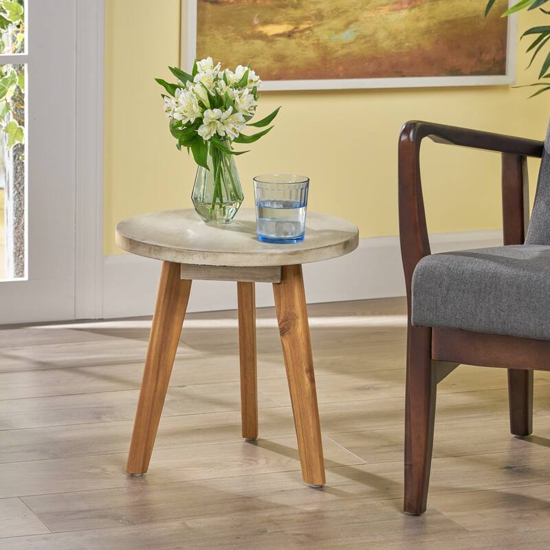 Modern Acacia Wood Side Table with Round Top and Triangular Base - Light Grey