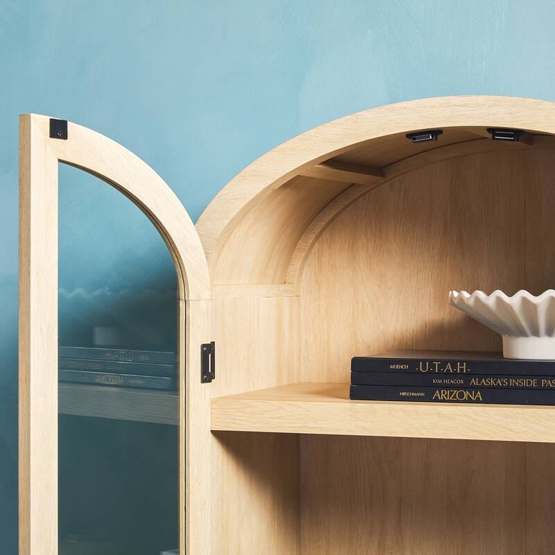 Modern 5 Shelf Arched Tall Bookcase with Glass Doors - Oak