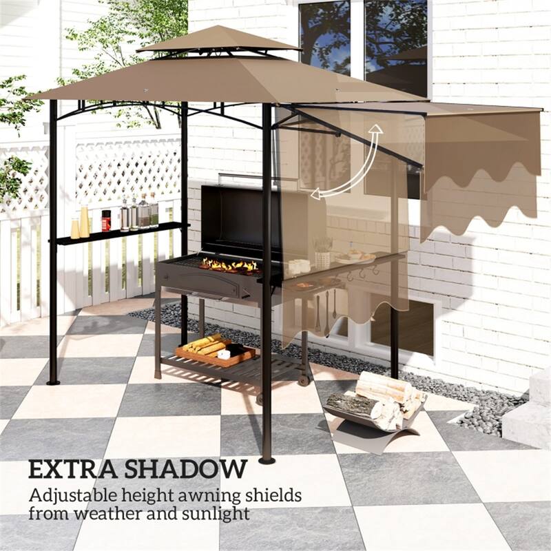Brown Grill Gazebo with Powder-Coated Metal Frame Adjustable Height Awning Double Top - 95.3" L x 58.7" W x 97.6" H