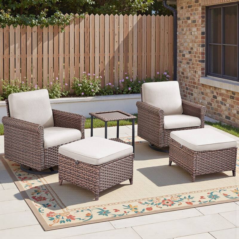 Pocassy Outdoor Sofa Swivel Chairs Patio Chair Funiture Set - 5PCS Swivel Chairs Ottoman w/ Table - Brown Wicker Blue Cushion