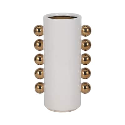 Sagebrook Home White/Gold Ceramic Cylinder Vase With Side Knobs