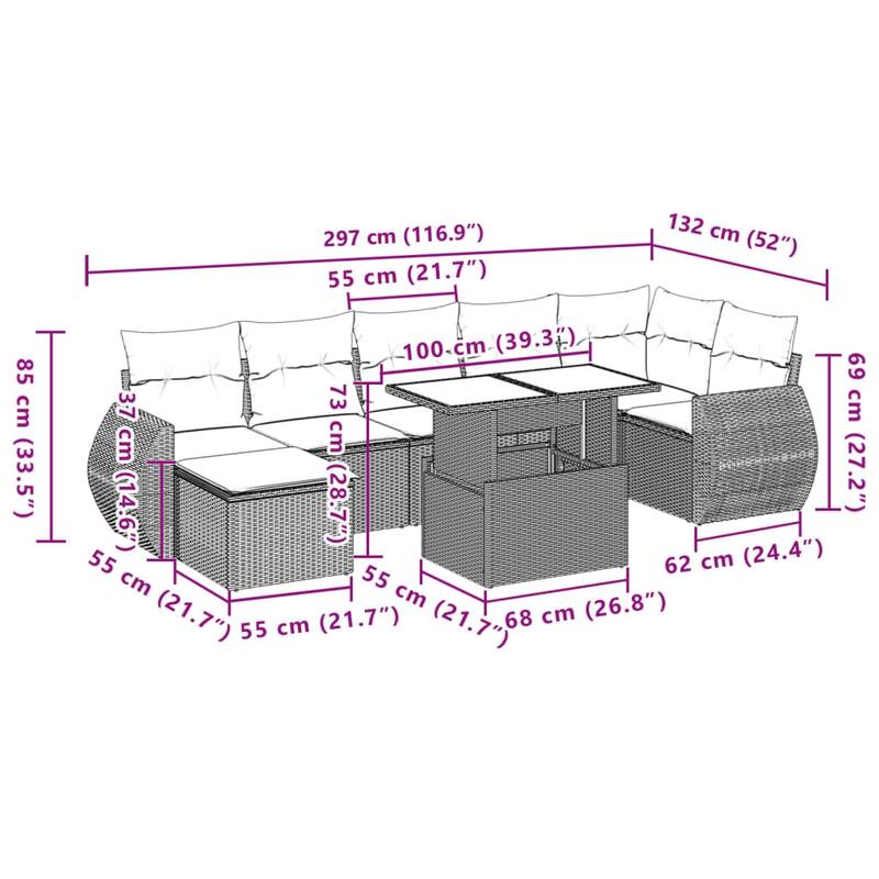 vidaXL Patio Sofa Set with Cushions Outdoor Furniture 8 Piece Poly Rattan - 21.7 x 39.4 x 28.7