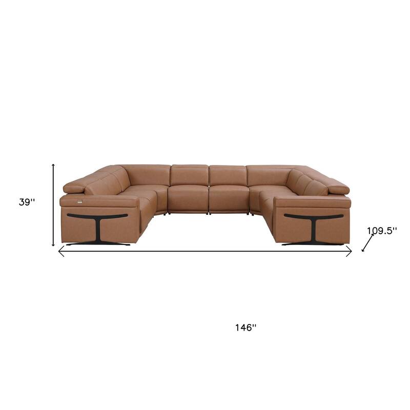 HomeRoots Chestnut Italian Leather Power Reclining U Shaped Eight Piece Corner Sectional With Console