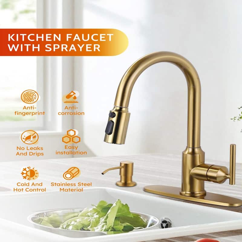 WOWOW Pull Down Sprayer Kitchen Faucet with Soap Dispenser
